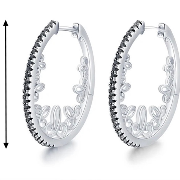 Silver Patterned Black Zircon Oval Hoop Earrings - Picture 6 of 7